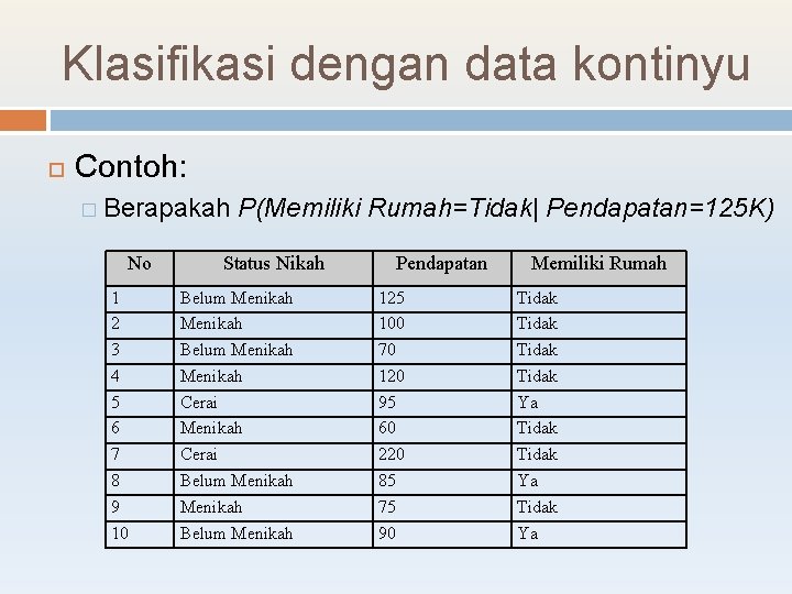 Klasifikasi dengan data kontinyu Contoh: � Berapakah No 1 2 3 4 5 6