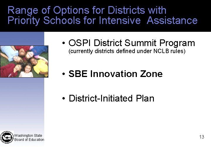 Range of Options for Districts with Priority Schools for Intensive Assistance • OSPI District