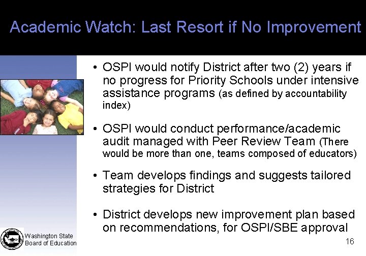 Academic Watch: Last Resort if No Improvement • OSPI would notify District after two