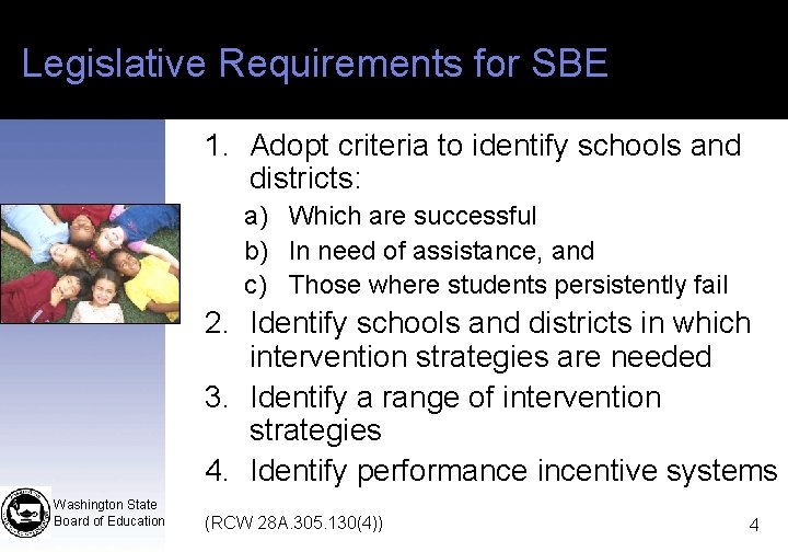 Legislative Requirements for SBE 1. Adopt criteria to identify schools and districts: a) Which