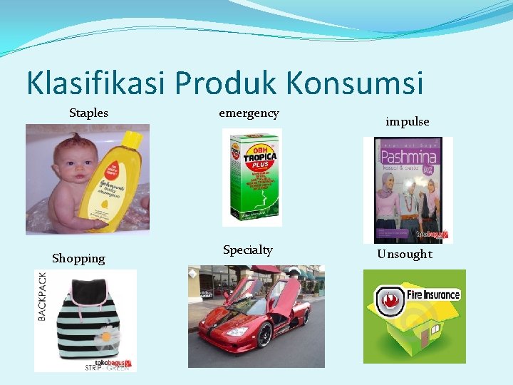 Klasifikasi Produk Konsumsi Staples Shopping emergency Specialty impulse Unsought 