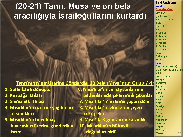 (20 -21) Tanrı, Musa ve on bela aracılığıyla İsrailoğullarını kurtardı Eski Antlaşma Yaratılış Mısır’dan