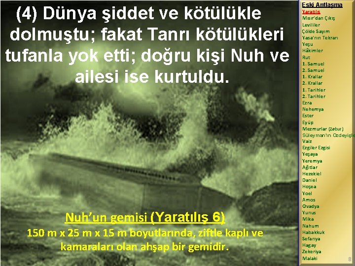 (4) Dünya şiddet ve kötülükle dolmuştu; fakat Tanrı kötülükleri tufanla yok etti; doğru kişi