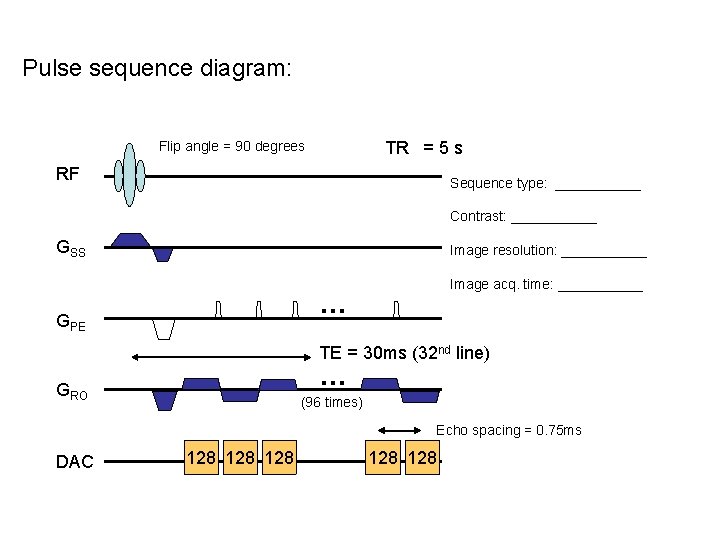 Pulse sequence diagram: TR = 5 s Flip angle = 90 degrees RF Sequence