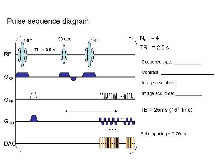 Pulse sequence diagram: 90 deg. 180 RF Nrep = 4 180 TR = 2.