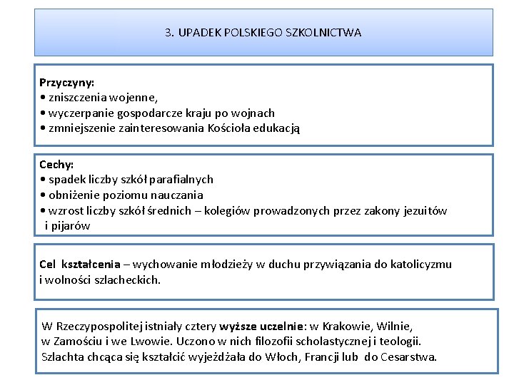 3. UPADEK POLSKIEGO SZKOLNICTWA Przyczyny: • zniszczenia wojenne, • wyczerpanie gospodarcze kraju po wojnach