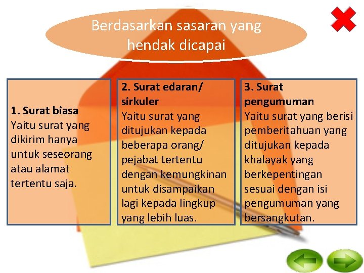 Berdasarkan sasaran yang hendak dicapai 1. Surat biasa Yaitu surat yang dikirim hanya untuk