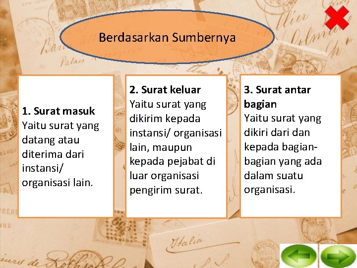 Berdasarkan Sumbernya 1. Surat masuk Yaitu surat yang datang atau diterima dari instansi/ organisasi