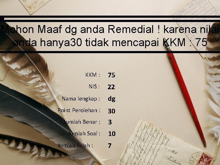 Mohon Maaf dg anda Remedial ! karena nilai anda hanya 30 tidak mencapai KKM