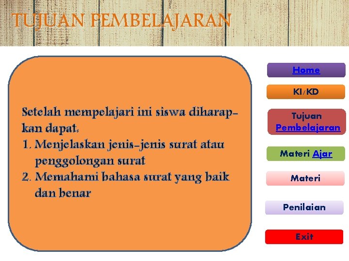 TUJUAN PEMBELAJARAN Home KI/KD Setelah mempelajari ini siswa diharapkan dapat: 1. Menjelaskan jenis-jenis surat