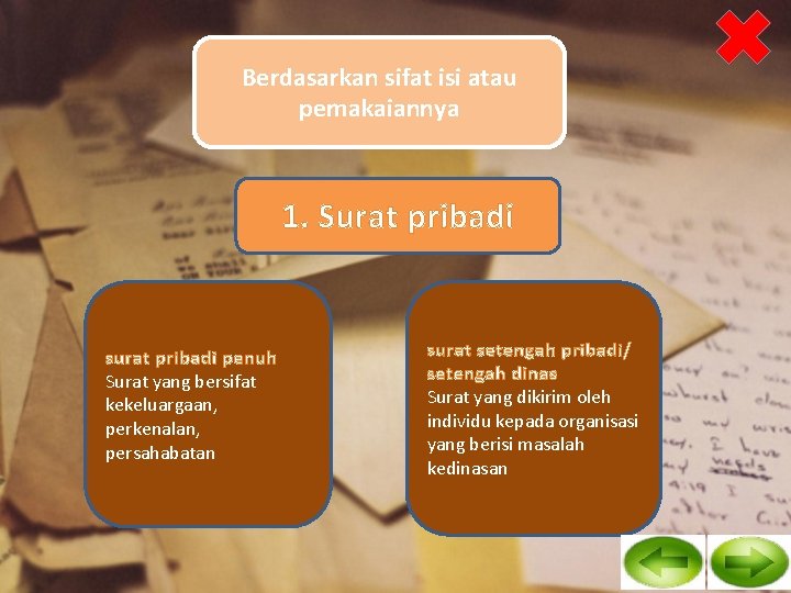 Berdasarkan sifat isi atau pemakaiannya 1. Surat pribadi surat pribadi penuh Surat yang bersifat