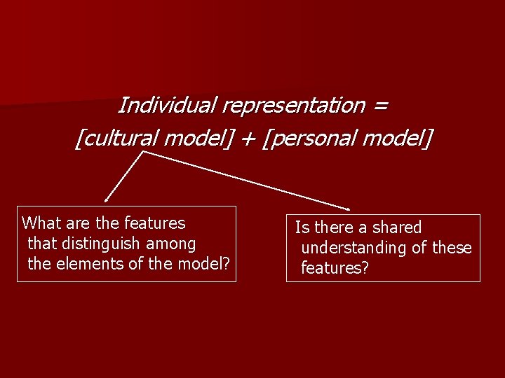 Individual representation = [cultural model] + [personal model] What are the features that distinguish