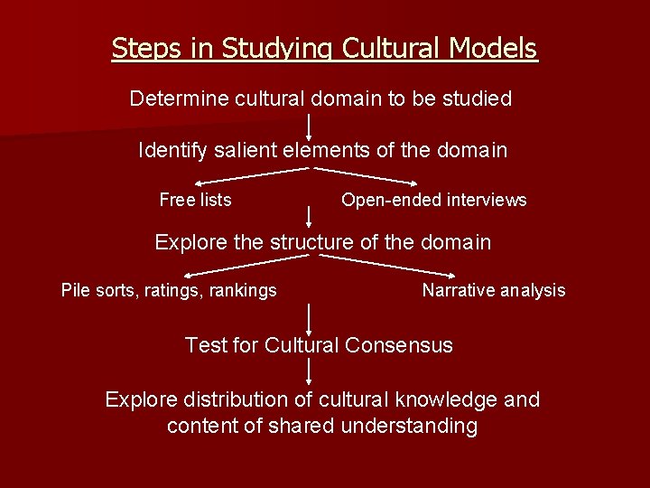 Steps in Studying Cultural Models Determine cultural domain to be studied Identify salient elements
