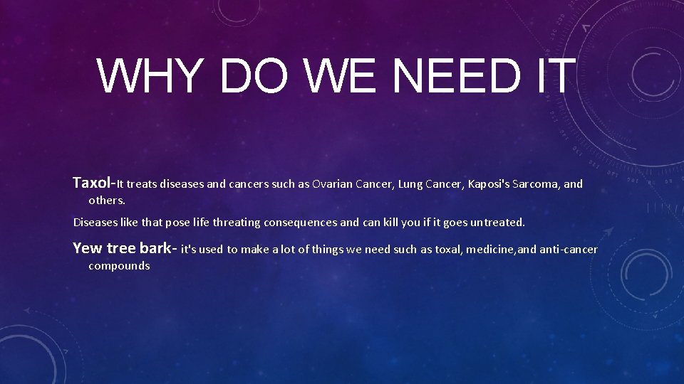 WHY DO WE NEED IT Taxol-It treats diseases and cancers such as Ovarian Cancer,