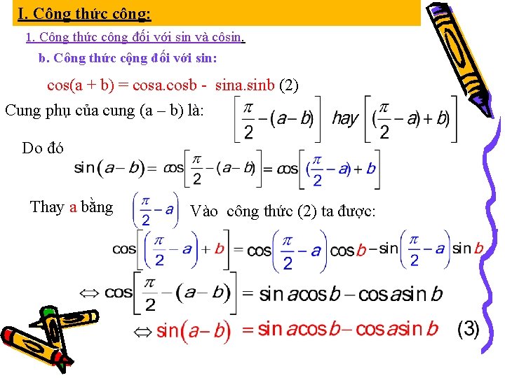 I. Công thức cộng: 1. Công thức cộng đối với sin và côsin. b.