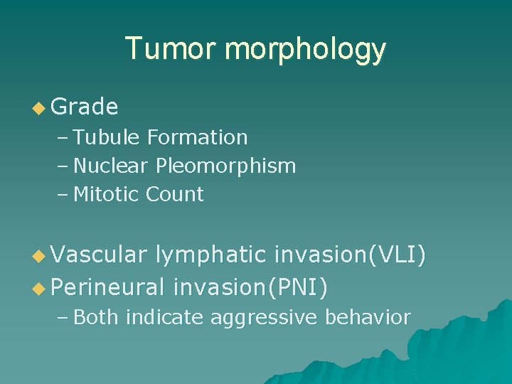 Tumor morphology u Grade – Tubule Formation – Nuclear Pleomorphism – Mitotic Count u
