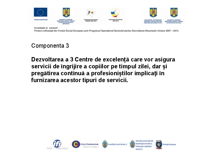 Componenta 3 Dezvoltarea a 3 Centre de excelență care vor asigura servicii de îngrijire