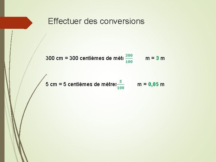 Effectuer des conversions 300 cm = 300 centièmes de mètre = m = 3