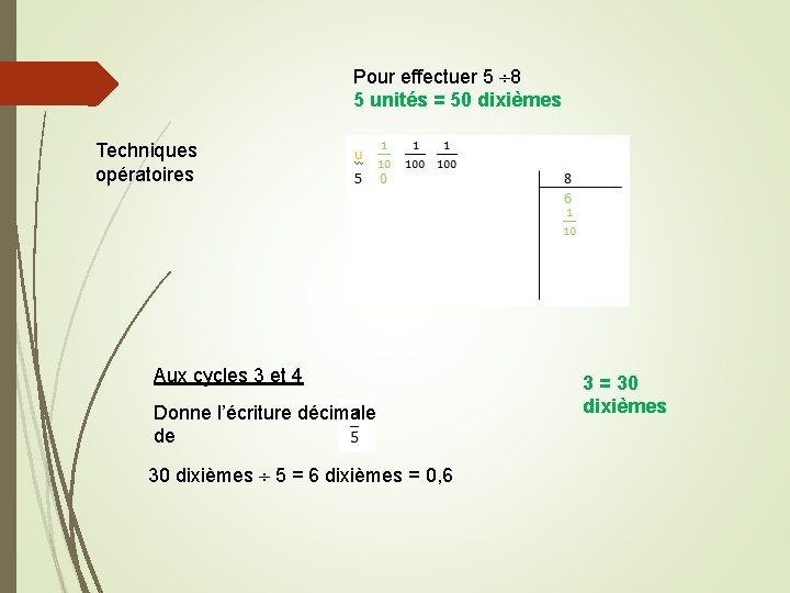 Pour effectuer 5 8 5 unités = 50 dixièmes Techniques opératoires Aux cycles 3