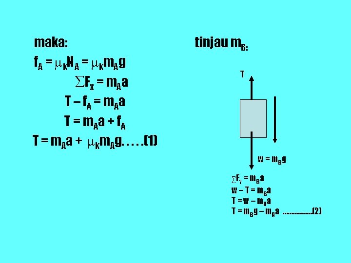 maka: f A = k. N A = km A g ∑Fx = m. maka: f A = k. N A = km A g ∑Fx = m.