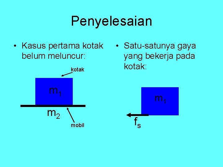 Penyelesaian • Kasus pertama kotak belum meluncur: kotak • Satu-satunya gaya yang bekerja pada