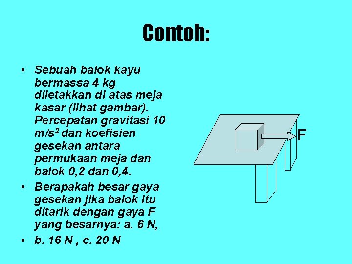 Contoh: • Sebuah balok kayu bermassa 4 kg diletakkan di atas meja kasar (lihat Contoh: • Sebuah balok kayu bermassa 4 kg diletakkan di atas meja kasar (lihat