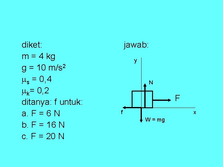 diket: m = 4 kg g = 10 m/s 2 s = 0, 4 diket: m = 4 kg g = 10 m/s 2 s = 0, 4
