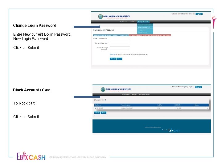 Change Login Password Enter New current Login Password, New Login Password Click on Submit