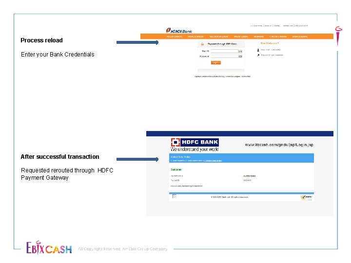 Process reload Enter your Bank Credentials After successful transaction Requested rerouted through HDFC Payment