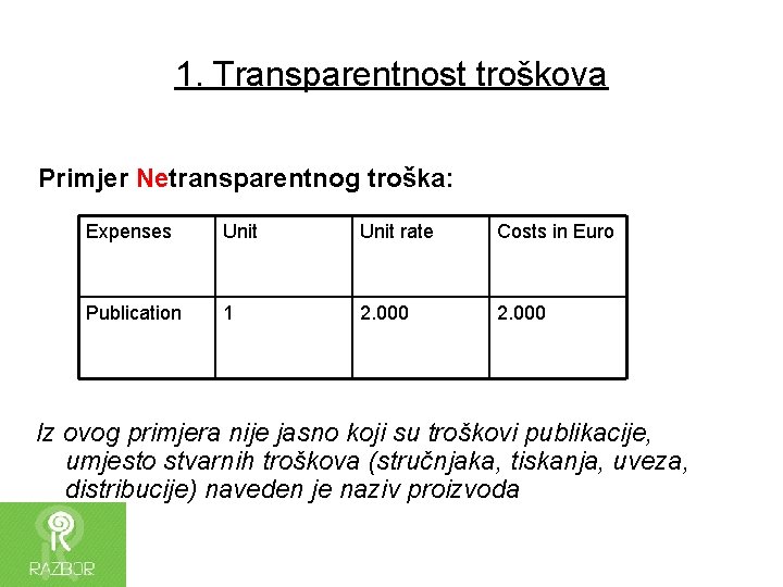 1. Transparentnost troškova Primjer Netransparentnog troška: Expenses Unit rate Costs in Euro Publication 1