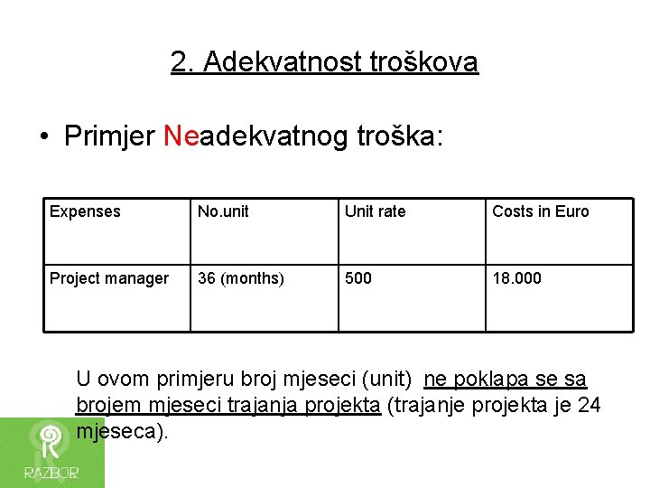 2. Adekvatnost troškova • Primjer Neadekvatnog troška: Expenses No. unit Unit rate Costs in