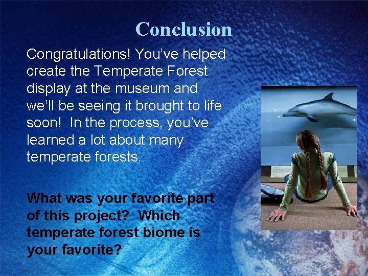 Conclusion Congratulations! You’ve helped create the Temperate Forest display at the museum and we’ll