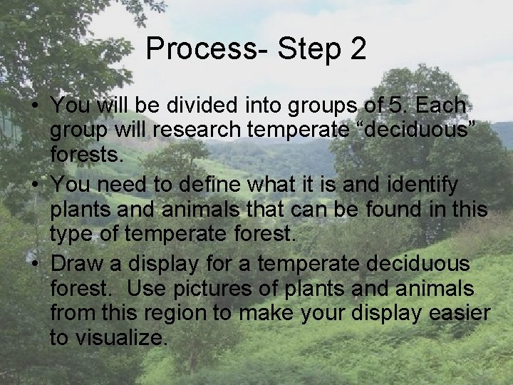 Process- Step 2 • You will be divided into groups of 5. Each group
