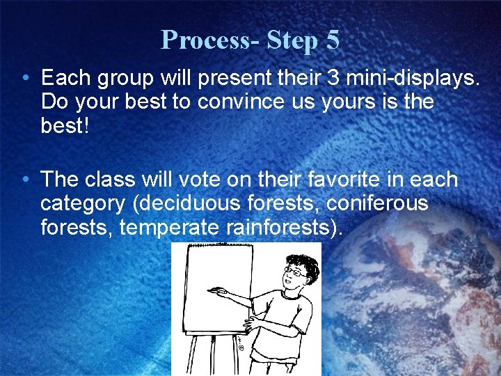 Process- Step 5 • Each group will present their 3 mini-displays. Do your best