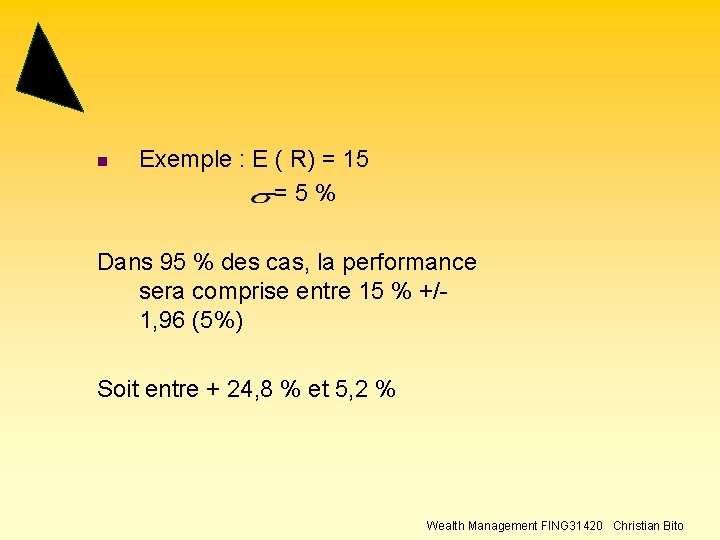 n Exemple : E ( R) = 15 = 5 % Dans 95 %