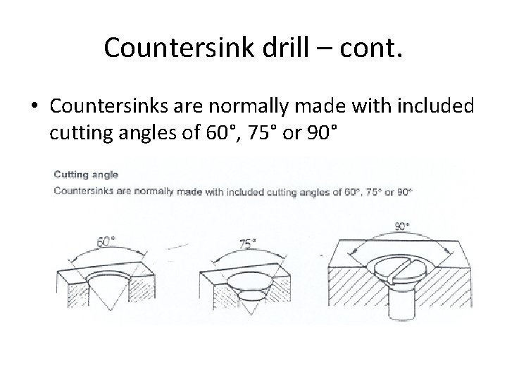 Countersink drill – cont. • Countersinks are normally made with included cutting angles of Countersink drill – cont. • Countersinks are normally made with included cutting angles of