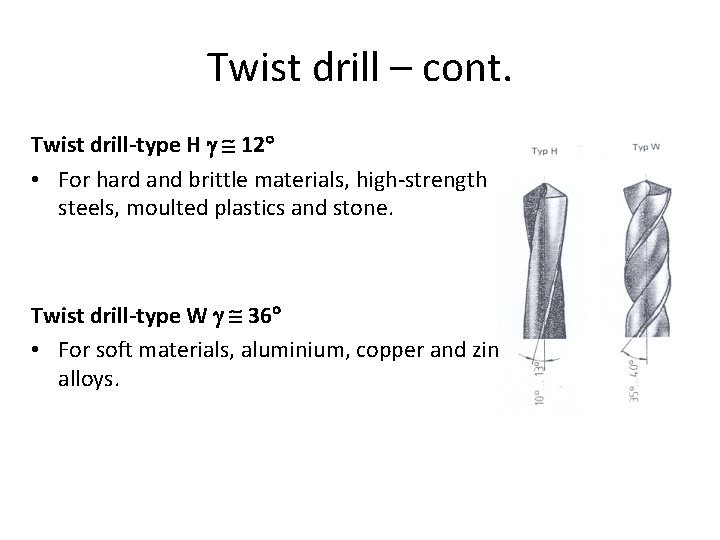 Twist drill – cont. Twist drill-type H 12 • For hard and brittle materials, Twist drill – cont. Twist drill-type H 12 • For hard and brittle materials,
