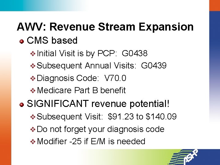 AWV: Revenue Stream Expansion CMS based v Initial Visit is by PCP: G 0438