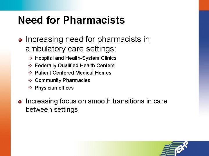 Need for Pharmacists Increasing need for pharmacists in ambulatory care settings: v Hospital and