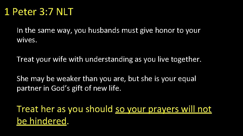 1 Peter 3: 7 NLT In the same way, you husbands must give honor