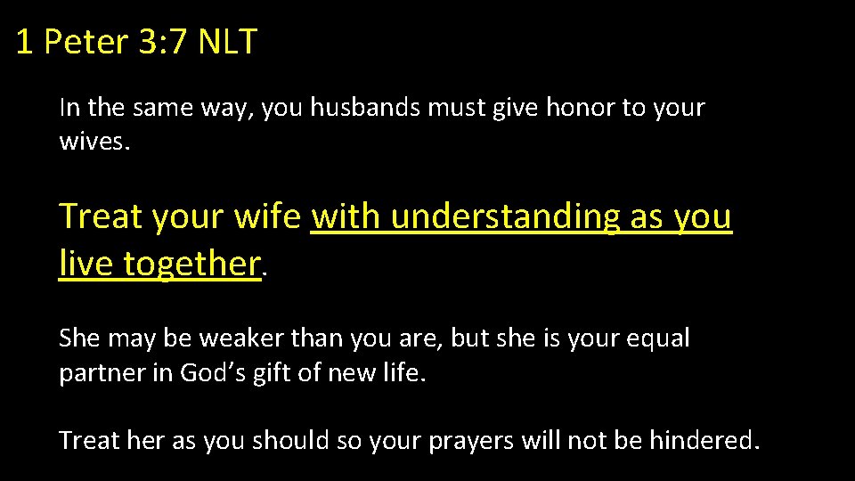 1 Peter 3: 7 NLT In the same way, you husbands must give honor