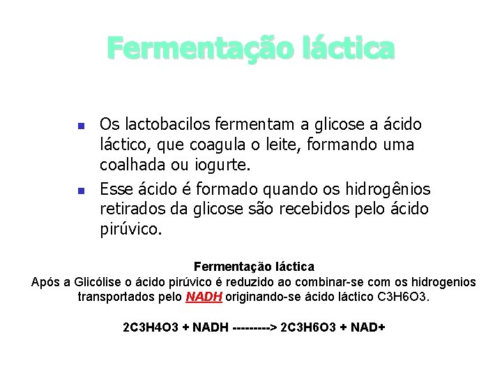 Fermentação láctica n n Os lactobacilos fermentam a glicose a ácido láctico, que coagula