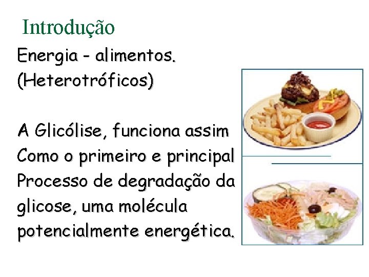 Introdução Energia - alimentos. (Heterotróficos) A Glicólise, funciona assim Como o primeiro e principal