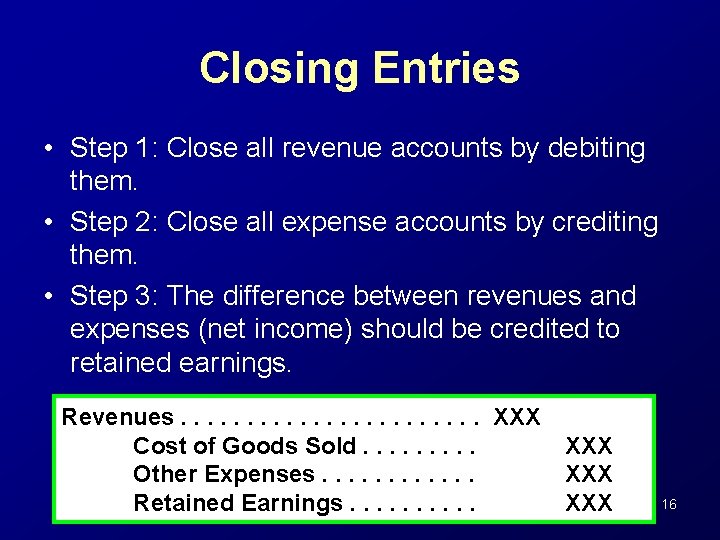 Closing Entries • Step 1: Close all revenue accounts by debiting them. • Step