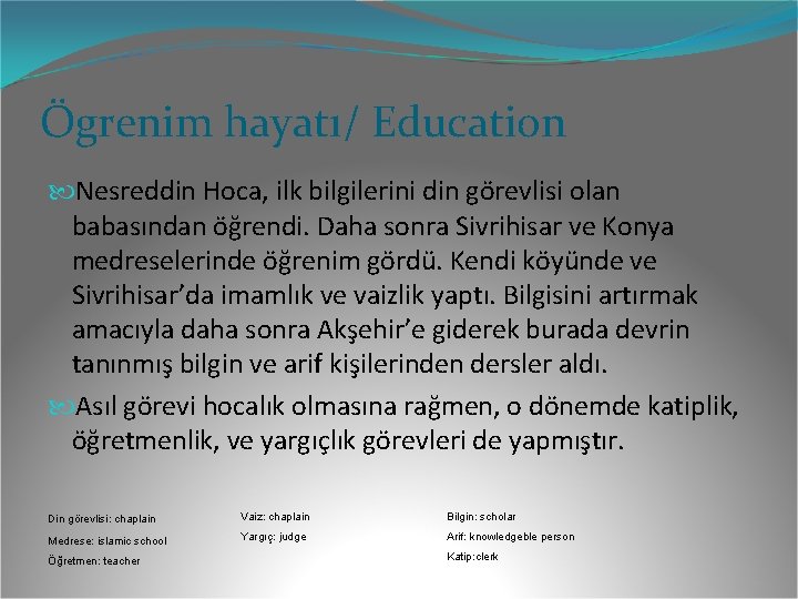 Ögrenim hayatı/ Education Nesreddin Hoca, ilk bilgilerini din görevlisi olan babasından öğrendi. Daha sonra Ögrenim hayatı/ Education Nesreddin Hoca, ilk bilgilerini din görevlisi olan babasından öğrendi. Daha sonra