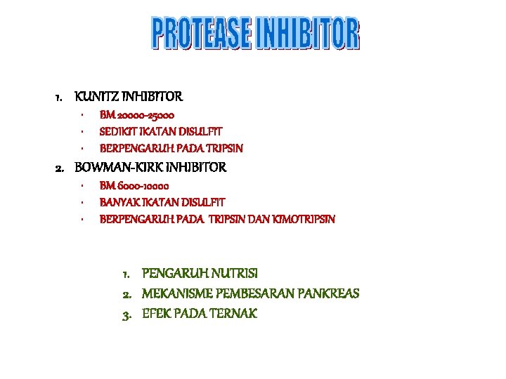 1. KUNITZ INHIBITOR • • • BM 20000 -25000 SEDIKIT IKATAN DISULFIT BERPENGARUH PADA