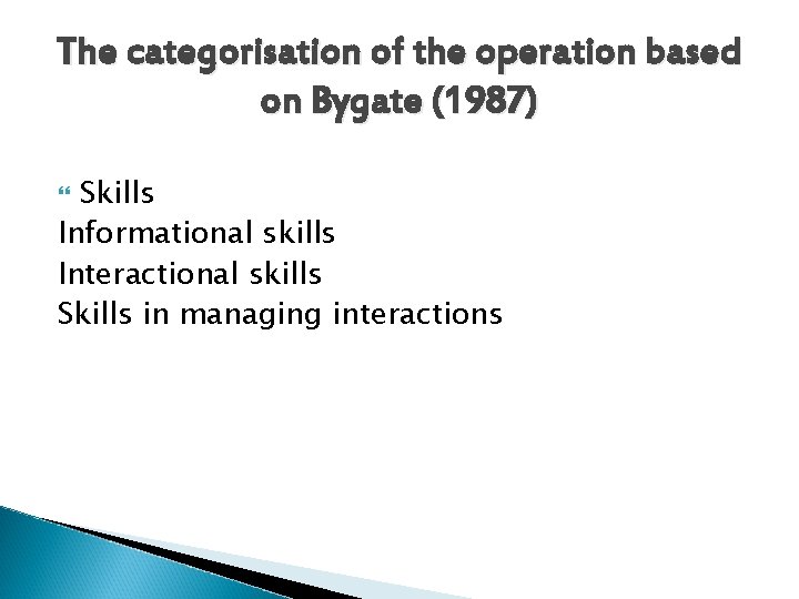 The categorisation of the operation based on Bygate (1987) Skills Informational skills Interactional skills