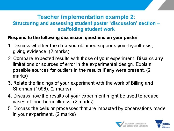 Teacher implementation example 2: Structuring and assessing student poster ‘discussion’ section – scaffolding student