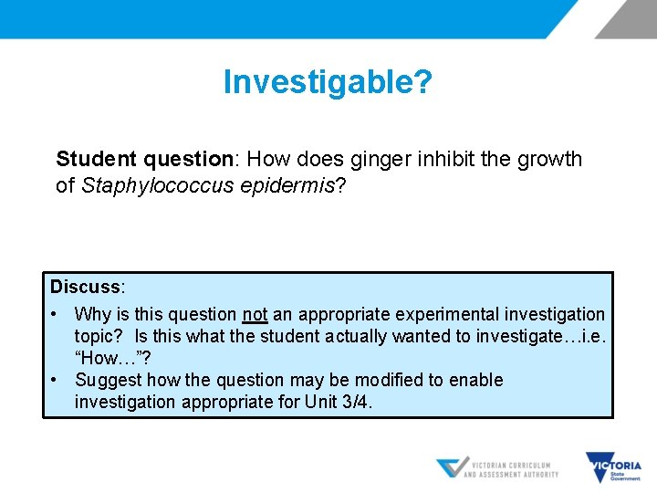 Investigable? Student question: How does ginger inhibit the growth of Staphylococcus epidermis? Discuss: •