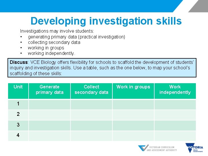 Developing investigation skills Investigations may involve students: • generating primary data (practical investigation) •